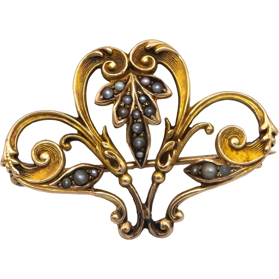 Estate Vintage Antique 14k Yellow Gold Seed Pearl Floral Brooch Pin