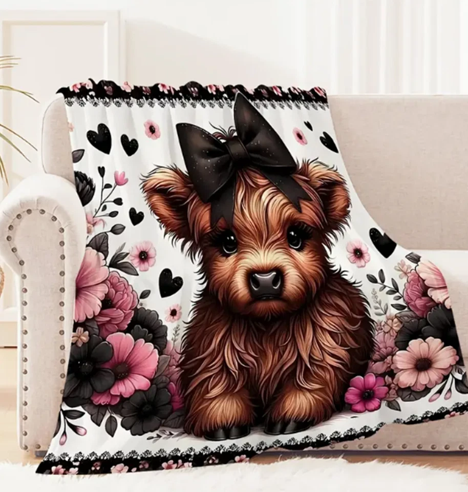 Chic Highland Cow Print Blanket - Flannel Throw for Travel, Camping, Sofa & Bed - Image 2 of 4