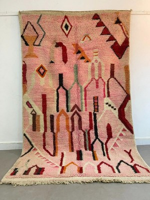 Handwoven Moroccan Berber Wool Rug Color Pink Multi Design Handmade Carpet Rug