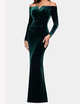 Xscape Velvet Off The Shoulders Maxi Floor Dress Hunter Green V-Bar Neckline 6