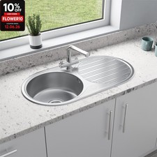 Stainless Steel Inset Round Kitchen Sink Single Bowl Reversible Drainer Waste