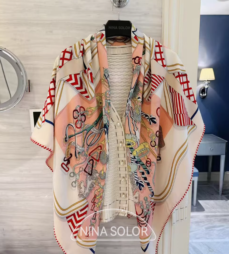 70% cashmere 30% silk Pink grid double side printed square Wrap shawl 130X130cm