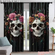 Window Curtains Polyester Light Filtering Gothic Twin Skull Print Home Curtains 