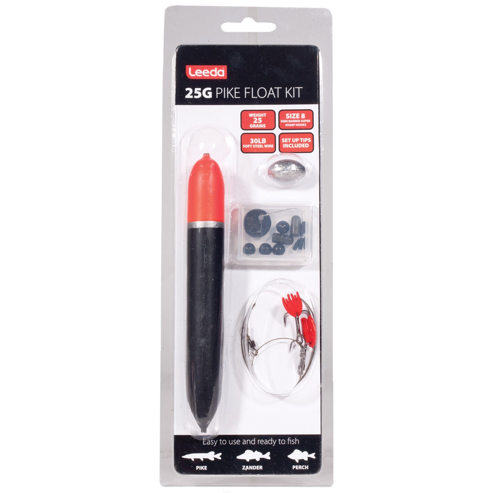 Leeda 25g Pike Float Kit Fishing Angling Zander Perch 30lb Size 8 Hooks L6026
