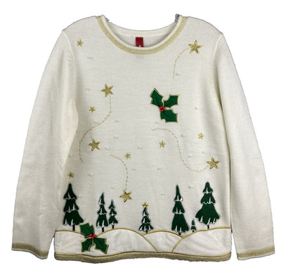 Old Navy 3D Christmas Sweater M Beaded Holly Gold Stars Trees Velvet Holiday