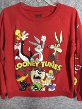 Vintage Kids Looney Tunes Red Crewneck Sweatshirt Size M Taz Tweety Martian Bugs