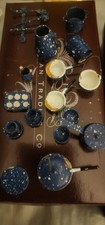 vintage dollhouse blue speckled graniteware kitchen pots, pans, and dishes