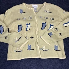 Christopher & Banks Sweater Womens Large Yellow Bee Butterfly Dragonfly Cardigan