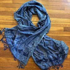 Pashmina Scarf Shawl Wrap Blue Paisley Floral Fringed Rayon 74" x 20  