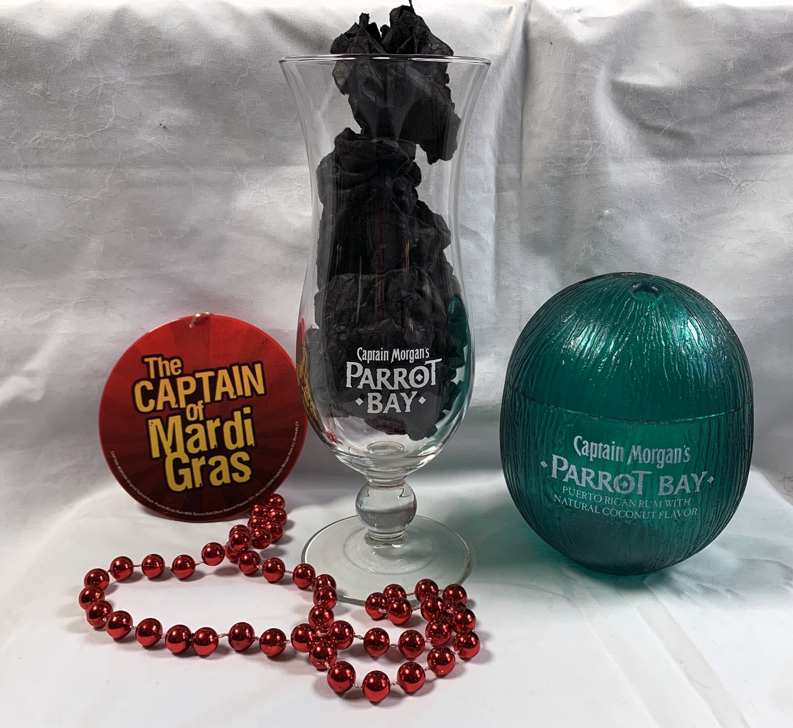 Captain Morgan Parrot Bay Rum Hurricane Glass Mardi Gras Necklace Coconut Cup