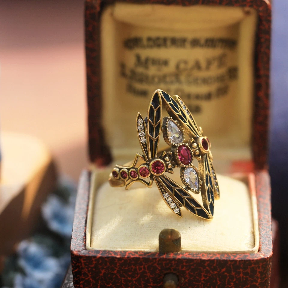 Antike Verstellbare Emaille Ring Art Nouveau Libelle Blau CZ Rot Weiß SB51 - Bild 3 von 4