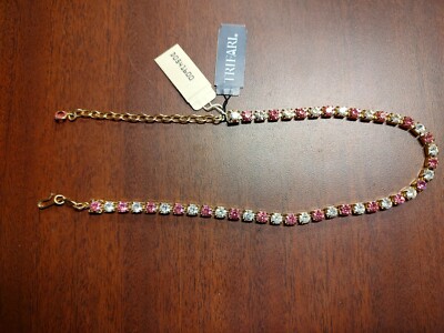 Gold Plated Rhinestone and Pink Gemstone Vintage Trifari TM Choker Necklace