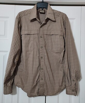 CE Schmidt Workwear Mens LS Shirt Medium Vented Brown Beige Plaid Button Up Fish
