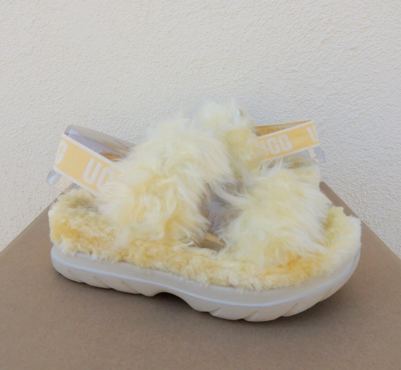 SANDALI SLIDE PANTOFOLE UGG GIALLO LANUGINE ZUCCHERO PELLICCIA SINTETICA DONNA US 10 EUR 41 ~NUOVI CON SCATOLA