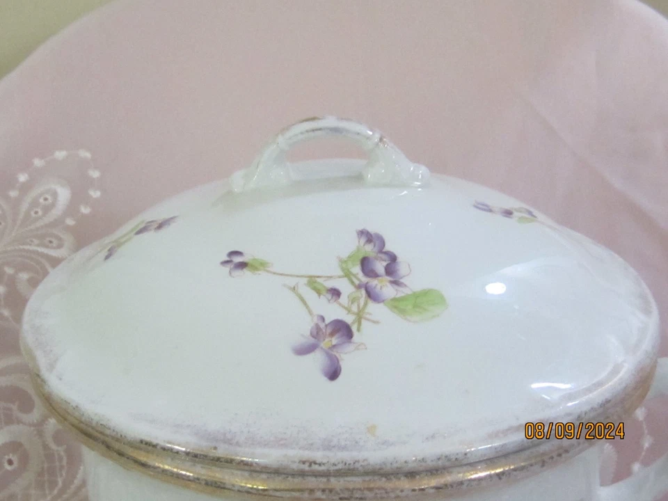 De colección. Olla y tapa de cámara de porcelana ~ violetas púrpuras ~ aspecto victoriano Foto 4 de 4