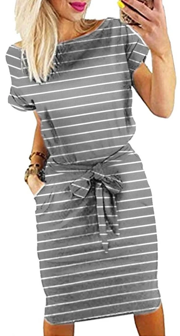 PALINDA Women's Striped Elegant Short Sleeve Wear to Work Casual Pencil Dress XL