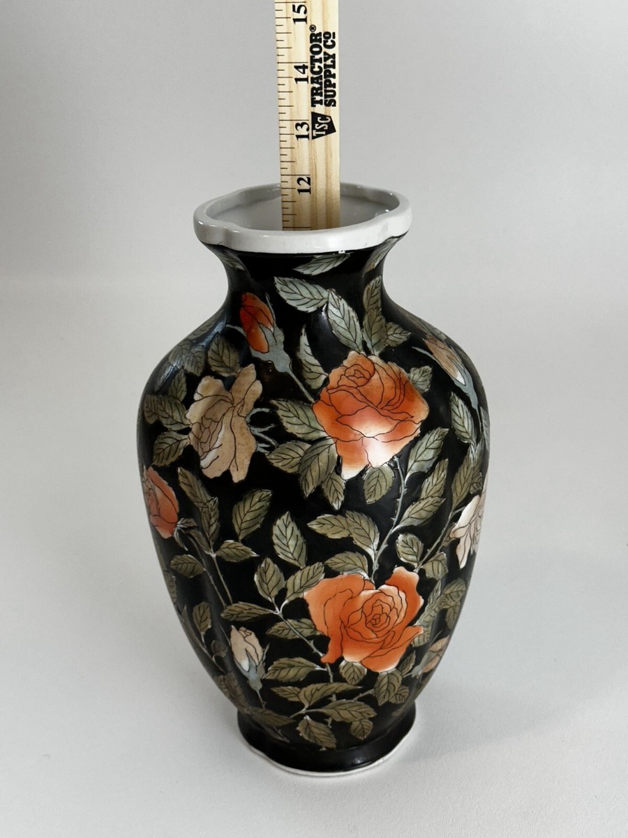 南京ハゼ Vintage Chinese Porcelain Vase 12 inch Black with Orange Roses WBI