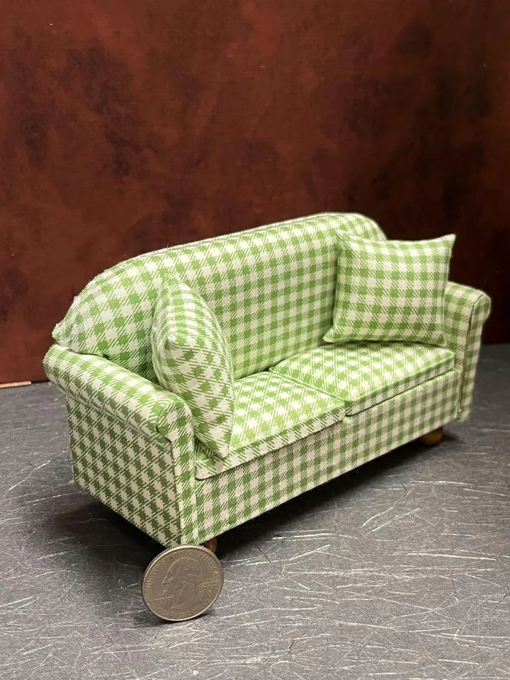 Sofá miniatura para casa de muñecas blanco y verde escala 1:12 una pulgada N123 Dollys Gallery Foto 3 de 3