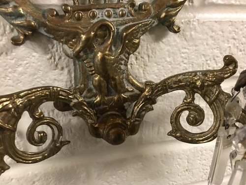 PAAR ANTIKE VINTAGE MESSING KRISTALL MUSIK HARFE KERZENLEUCHTER TOLLE PATINA 11,5 ZOLL - Bild 7 von 12