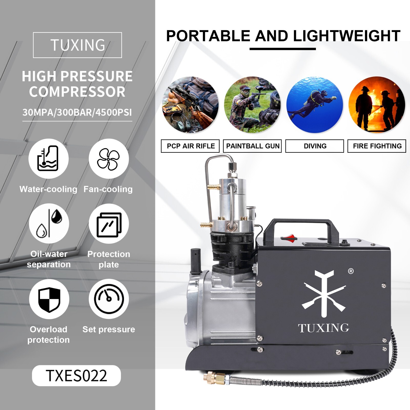 TUXING 4500Psi/300Bar Pcp Air Compressor Auto Stop High Pressure Air Pump 110V