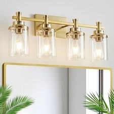 4 Light Brushed Brass Vanity Light Over Mirror, Gold Bathroom Fixtures, Vinta...