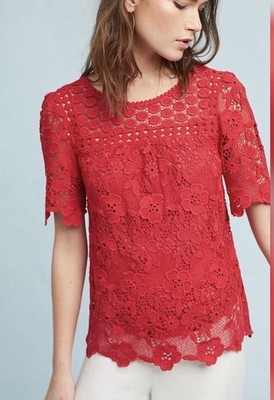 Vanessa Virginia Red Floral Lace Crochet V-Neck Sheer 3/4 Sleeve Blouse 00P
