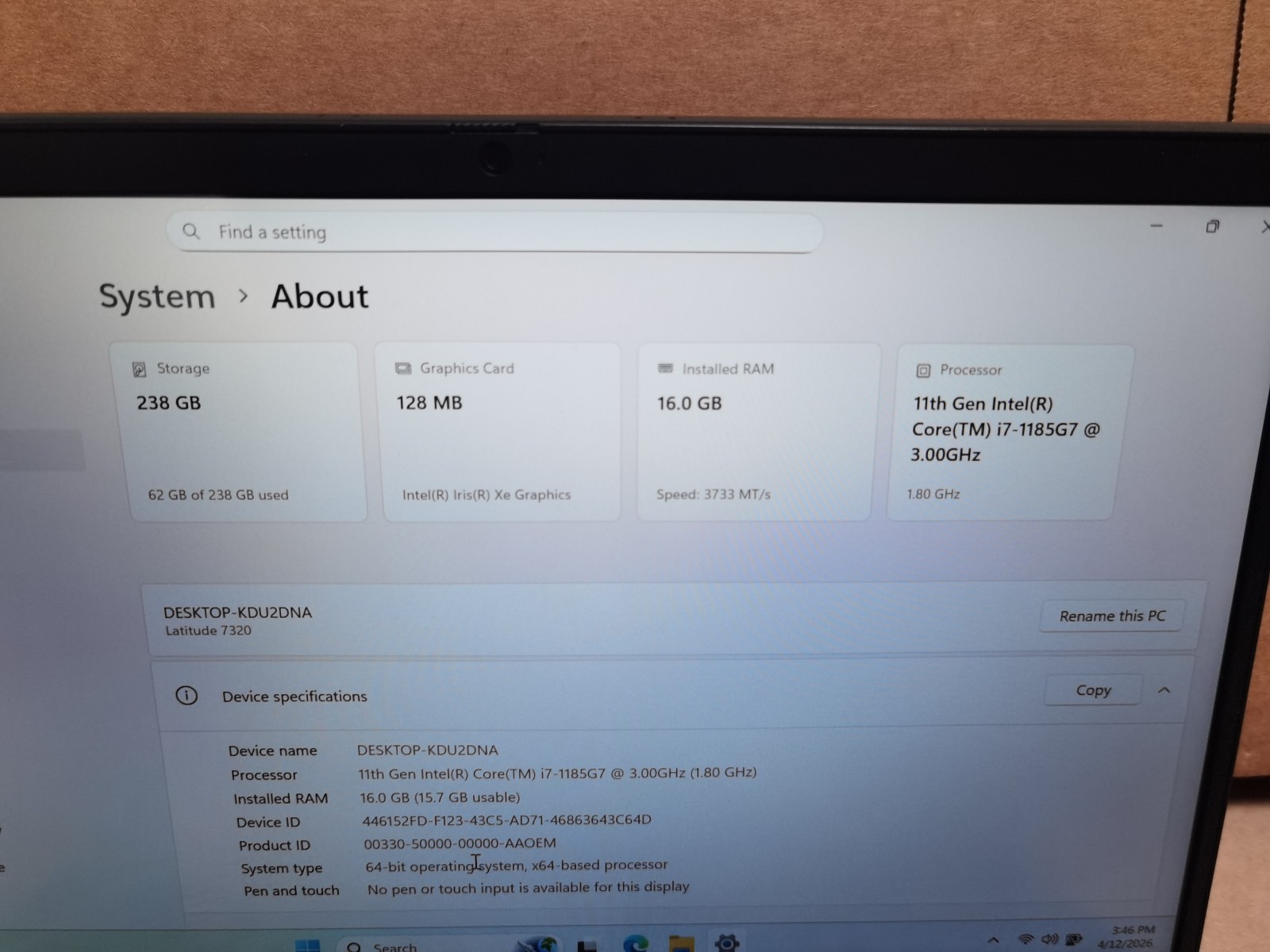 Dell Latitude 7320, 13.3-Inch Laptop, with Intel Core i7 11th Gen., Windows 11 Pro
