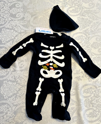 NWT boys girls newborn 0 3 6 9 months Carters Black Candy Skeleton Sleeper & Hat
