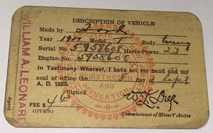 Rare Antique ID'd WWI, WWII, Police Detective Automobile Registration Card! NJ!