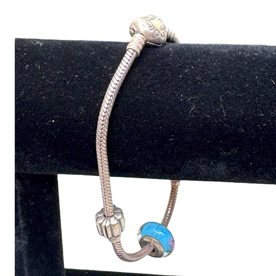 Pandora Silver Heart Snake Sterling Charm Bracelet Blue Glass Bead Accent Vtg - Image 2 of 4
