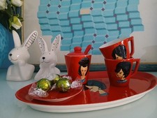 "S.I.L." set Caffé per 2 persone, porcellana vintage, anni 70, colore rosso.