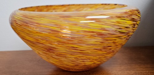 Murano Style Hand blown Glass Clear Yellow & Orange Swirl Bowl D 10.5” H 5.5”