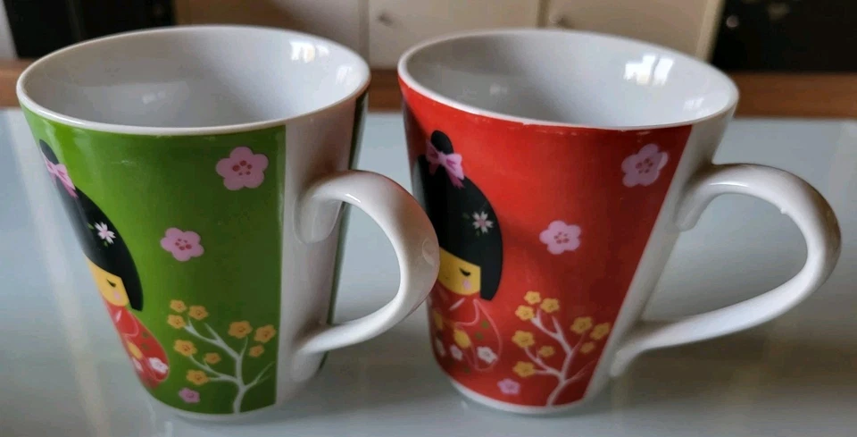 NANA Keramik Kaffeebecher-Set 2tlg mit Griff, Bildmotiv Blumen rot/grün - Bild 3 von 4