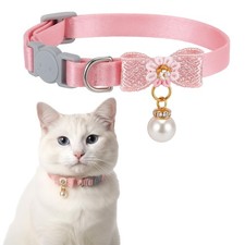 Pink Breakaway Cat Collar with Pearl Pendant Bowtie Safety Buckle Girls
