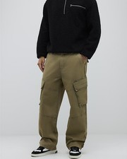 River Island Mens Cargo Trousers Khaki Super Baggy Zip Button Pants Bottoms