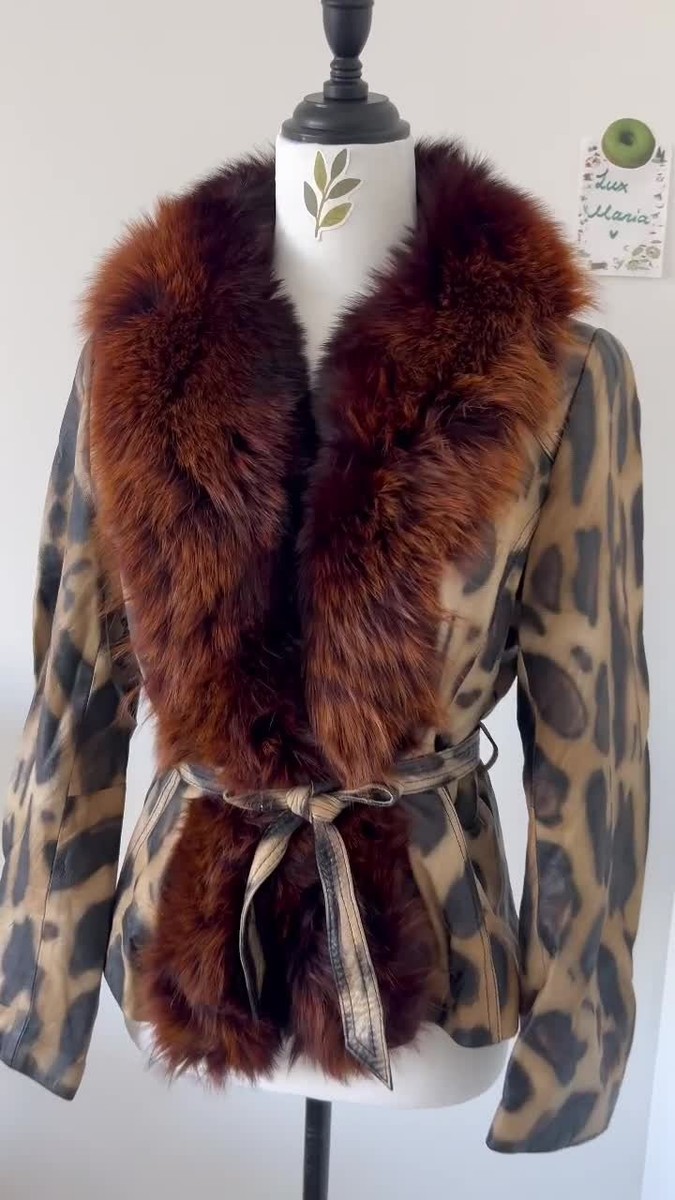 Vintage Leopard Print Lamb Leather Fox Fur Collar Jacket Moto Coat