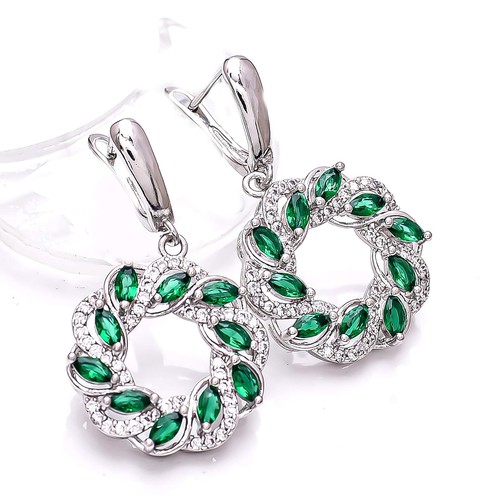 Emerald - Simulated & Cubic Zirconia Gemstone 925 Silver Earring 1.50" E57