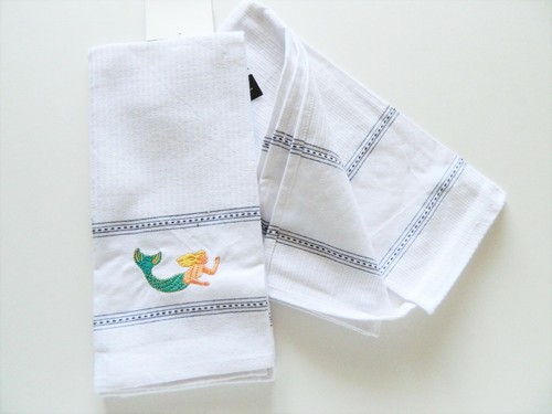 Mermaid Embroidered Tea Kitchen Towel Pair 2 Cotton - Picture 2 of 3