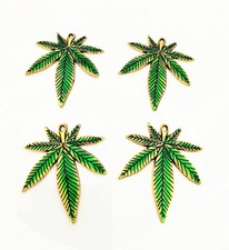 Wholesale 10Pcs Gold Tone Metal Green Enamel Marijuana Leaf Charm Pendants