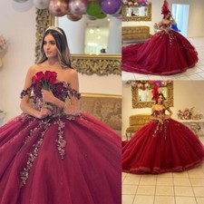 Burgundy Quinceanera Dresses Ball Gown LaceOff Shoulder Prom Party Dress Sweet16