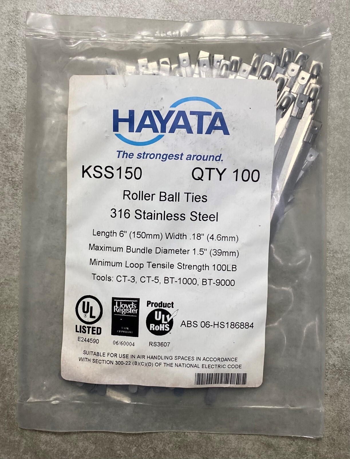 HAYATA KSS150/ TBC150 316SS Roller Ball Cable Tie, 150mmX 4.6mm 100 Pc
