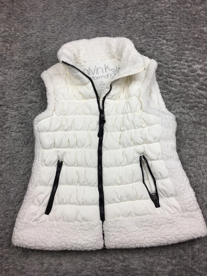 Calvin Klein Performance Sherpa Trim Puffer Chaleco Chaqueta Mujer Grande Blanco Repelente Foto 3 de 4