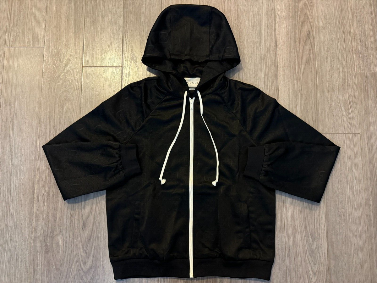 25新作 グッチ GG サテン ジップ ジャケット パーカー ブラック Jumbo GG zip jacket with Web in grey and dark grey | GUCCI® SI