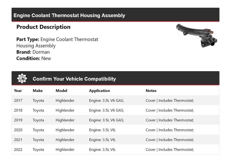 Conjunto de carcasa termostato para Toyota Highlander Dorman 2017-2022 2018 2019 Foto 2 de 4
