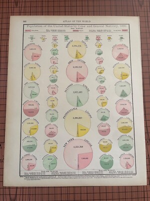 Antique Chart Population of United States by Nativity 1890 Rand McNally history