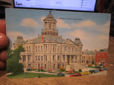 G7 Old OHIO Postcard Cadiz Harrison County Courthouse Trees Cut Down By Mistake