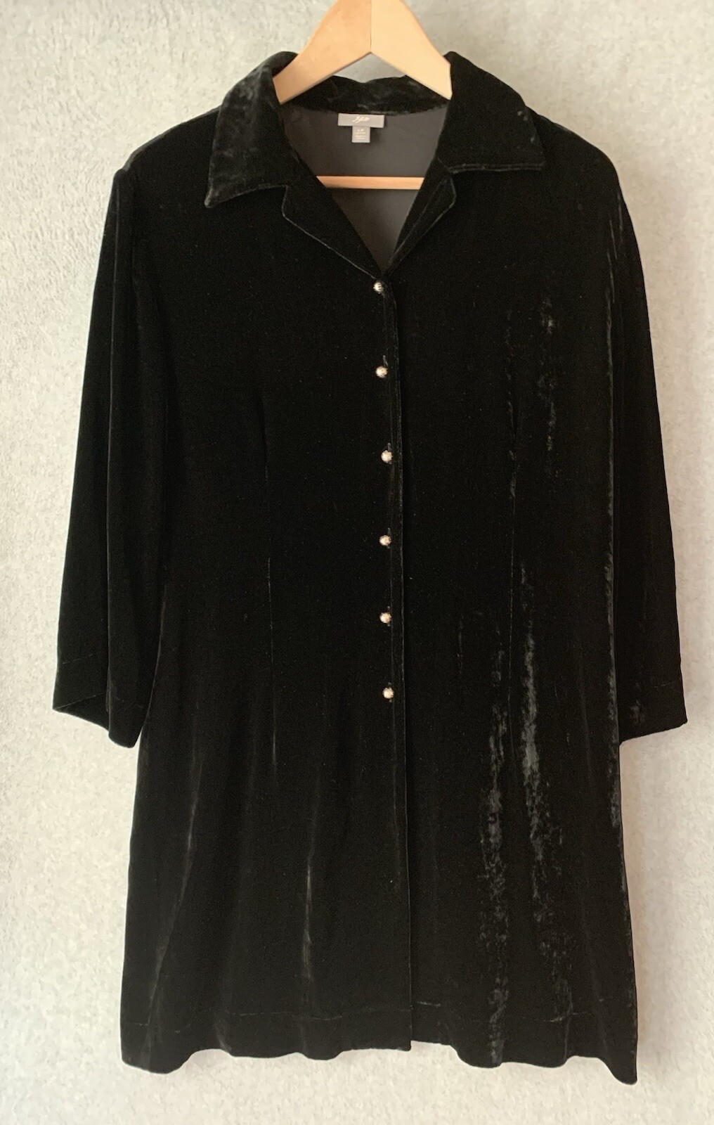 J Jill Velvet Tunic Top Blouse Sz LP Black Silver Button Front Lace Back Silk