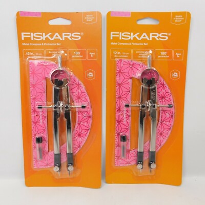 Lot of 2 Fiskars Metal Compass & Protractor Set Easy Read Ages 8+ Pink New NEW