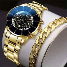 2Pc Luxury Golden Quartz Watch and Bracelet Set Stainless Steel Strap Men Gift