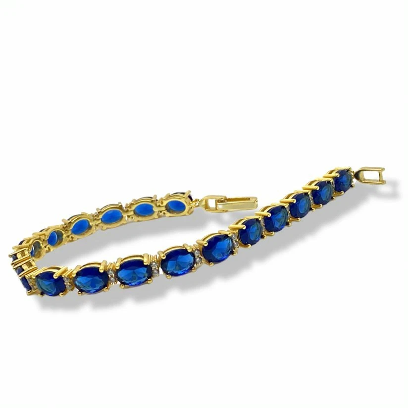 Yellow Gold Finish Oval-Cut Blue Sapphire & Created Diamond Tennis Bracelet - Image 4 of 4